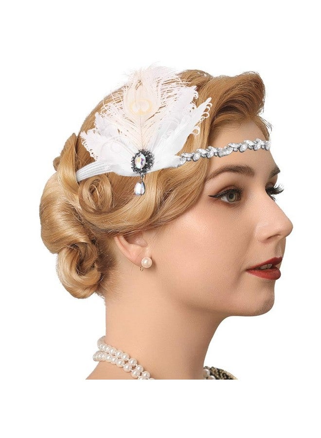 GENBREE Art Deco 1920S Flapper Headpiece Wedding Roaring 20S Great Feather Headband White Rhinestone Cocktail Prom Hair Accessories For Women And Girls  - Image 5