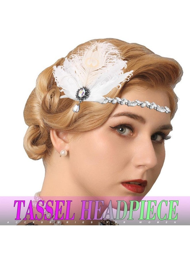 GENBREE Art Deco 1920S Flapper Headpiece Wedding Roaring 20S Great Feather Headband White Rhinestone Cocktail Prom Hair Accessories For Women And Girls  - Image 2