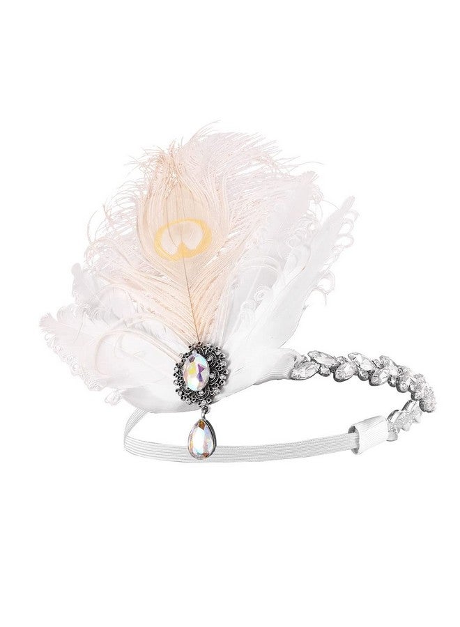 GENBREE Art Deco 1920S Flapper Headpiece Wedding Roaring 20S Great Feather Headband White Rhinestone Cocktail Prom Hair Accessories For Women And Girls  - Image 1