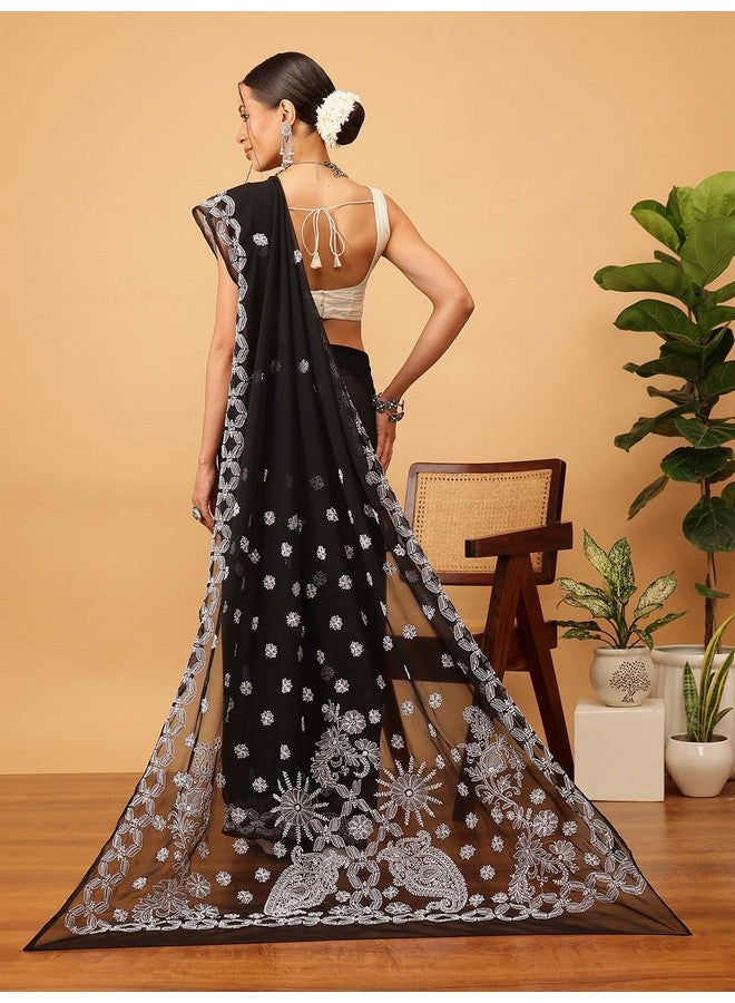 ADA Ada Women's Hand Embroidered Lucknow Chikan Faux Georgette Saree with Blouse A129551 Black - Image 2
