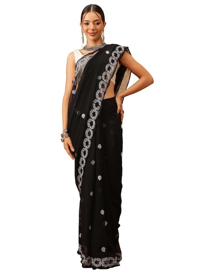 ADA Ada Women's Hand Embroidered Lucknow Chikan Faux Georgette Saree with Blouse A129551 Black - Image 1
