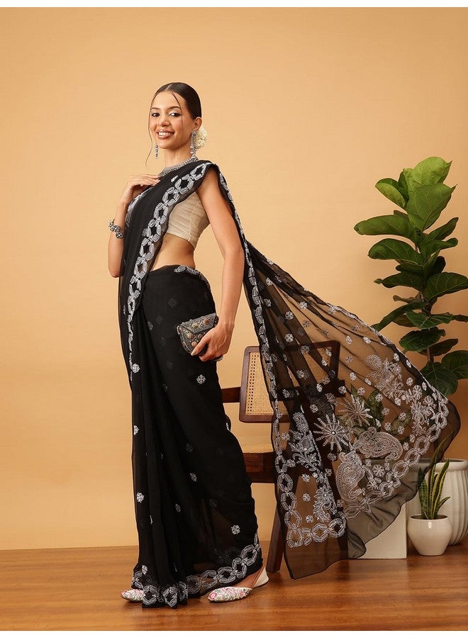 ADA Ada Women's Hand Embroidered Lucknow Chikan Faux Georgette Saree with Blouse A129551 Black - Image 5