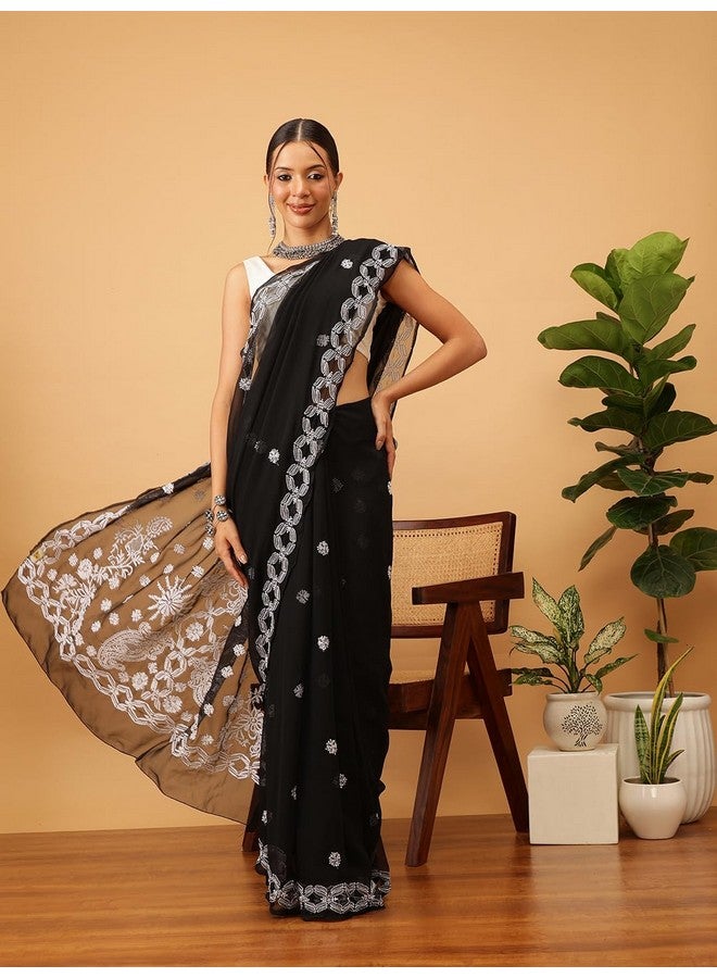ADA Ada Women's Hand Embroidered Lucknow Chikan Faux Georgette Saree with Blouse A129551 Black - Image 3