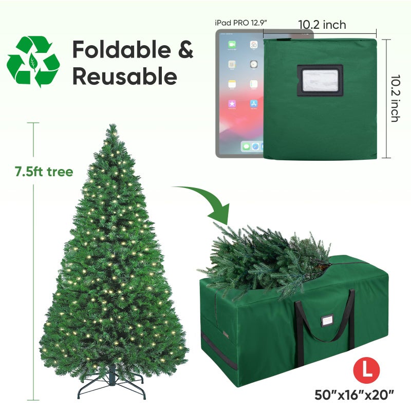 BALEINE 7.5 ft Christmas Tree Storage Bag, Heavy Duty 900D Oxford Fabric with Reinforced Handles and Dual Zippers Wide Opening, Extra Large Storage Container (Green) - Image 2