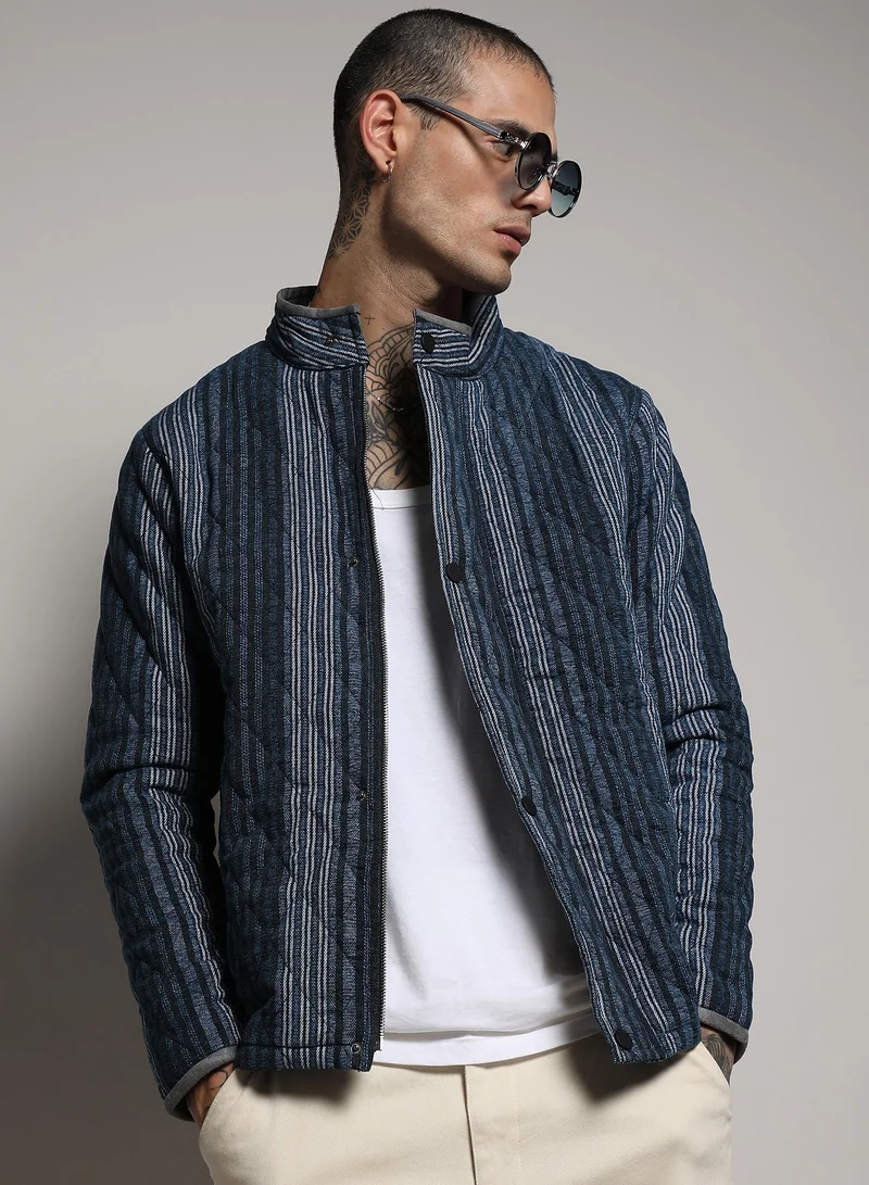 Campus Sutra Men's Black & Prussian Blue Striped Quilted Bomber Jacket
