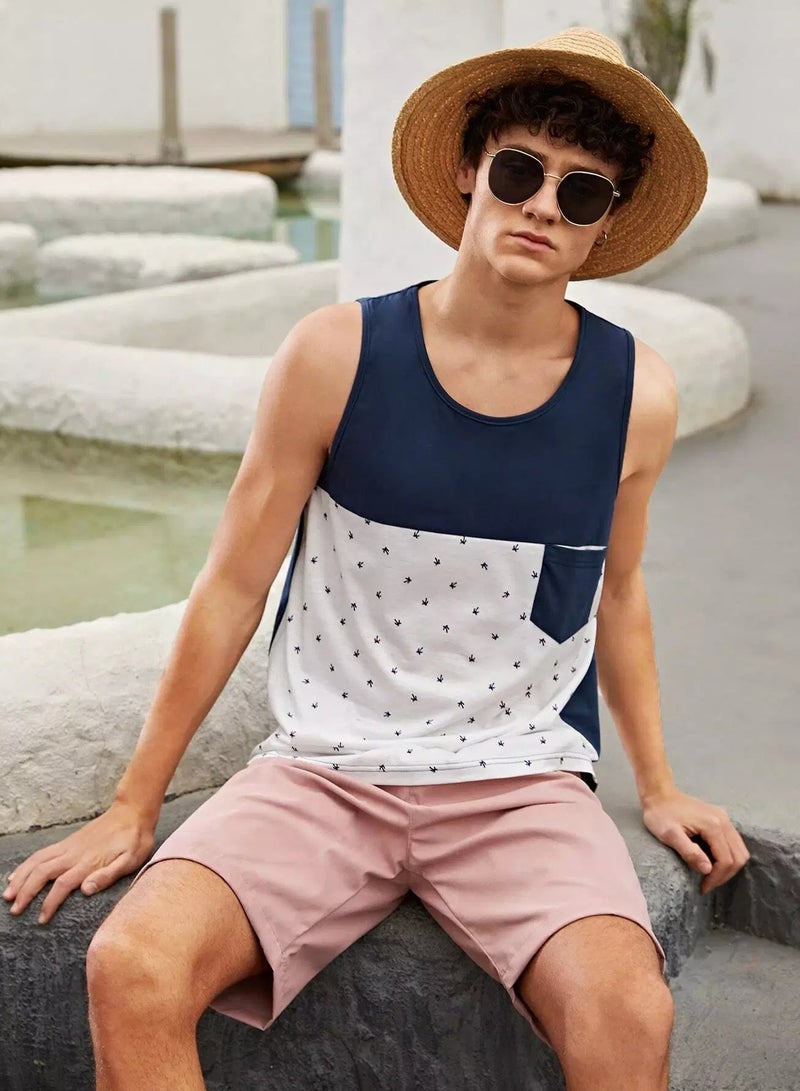 Men Graphic Print Pocket Patched Colorblock Tank Top - Image 3