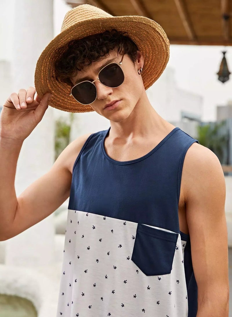 Men Graphic Print Pocket Patched Colorblock Tank Top - Image 2