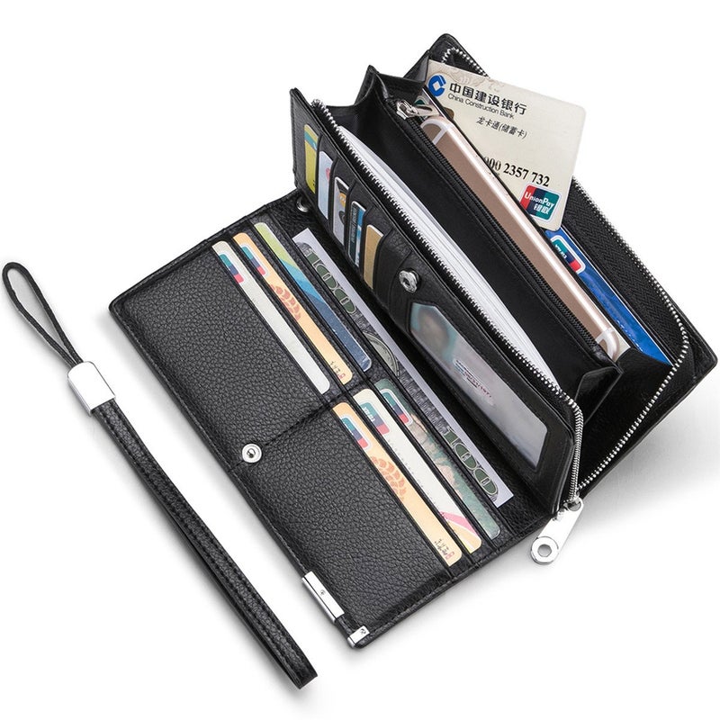 Huztencor Long Wallets for Men Leather RFID Blocking Wallet Bifold Slim Credit Card Holder Zip Around Wallet Purse with Zipper Strap Black - Image 2