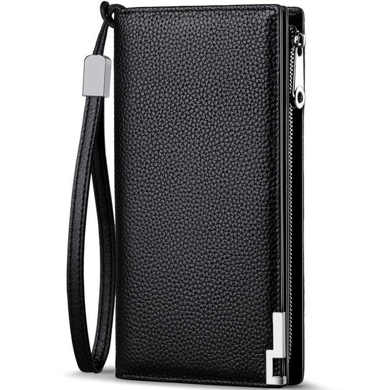 Huztencor Long Wallets for Men Leather RFID Blocking Wallet Bifold Slim Credit Card Holder Zip Around Wallet Purse with Zipper Strap Black - Image 1