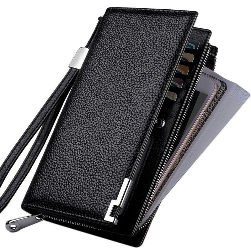 Huztencor Long Wallets for Men Leather RFID Blocking Wallet Bifold Slim Credit Card Holder Zip Around Wallet Purse with Zipper Strap Black - Image 4