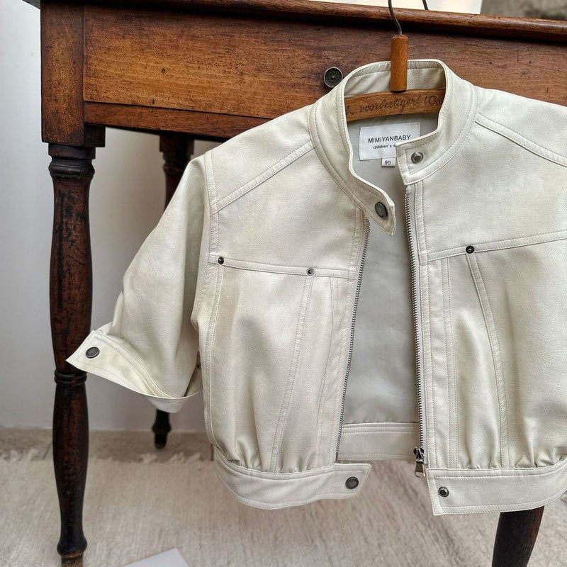 Children'S Coat Baby Boys And Girls All-Match Color Leather Jacket Short Style Leather Jacket - Image 5