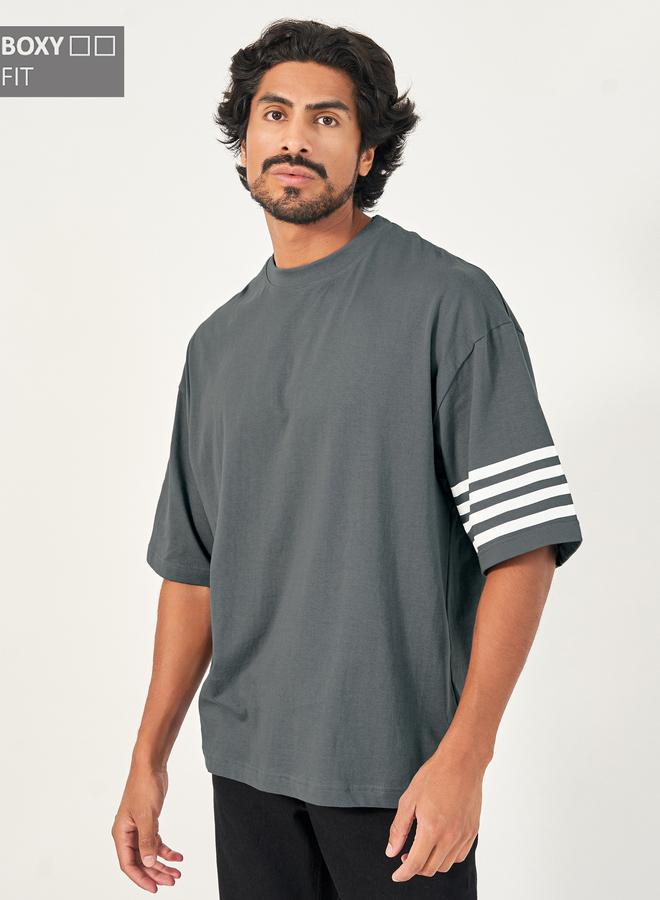 Styli Styli Striped Sleeve Boxy Fit Compact Jersey T-Shirt  - Image 1