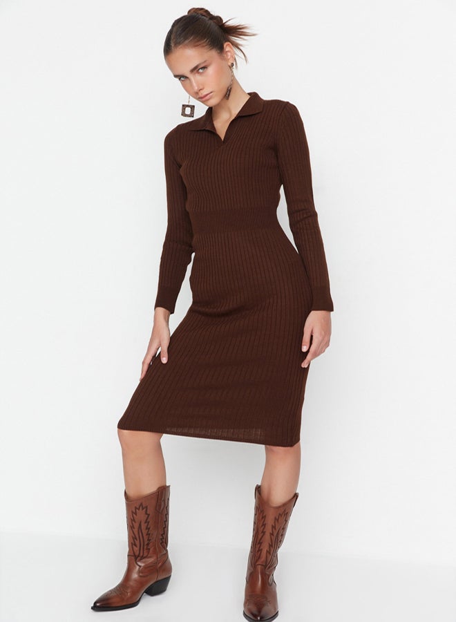 trendyol Brown Midi Knitwear Polo Neck Dress TWOAW22EL1376 - Image 1