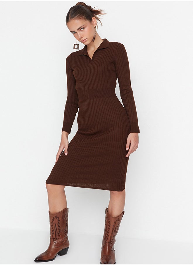 trendyol Brown Midi Knitwear Polo Neck Dress TWOAW22EL1376  - Image 1