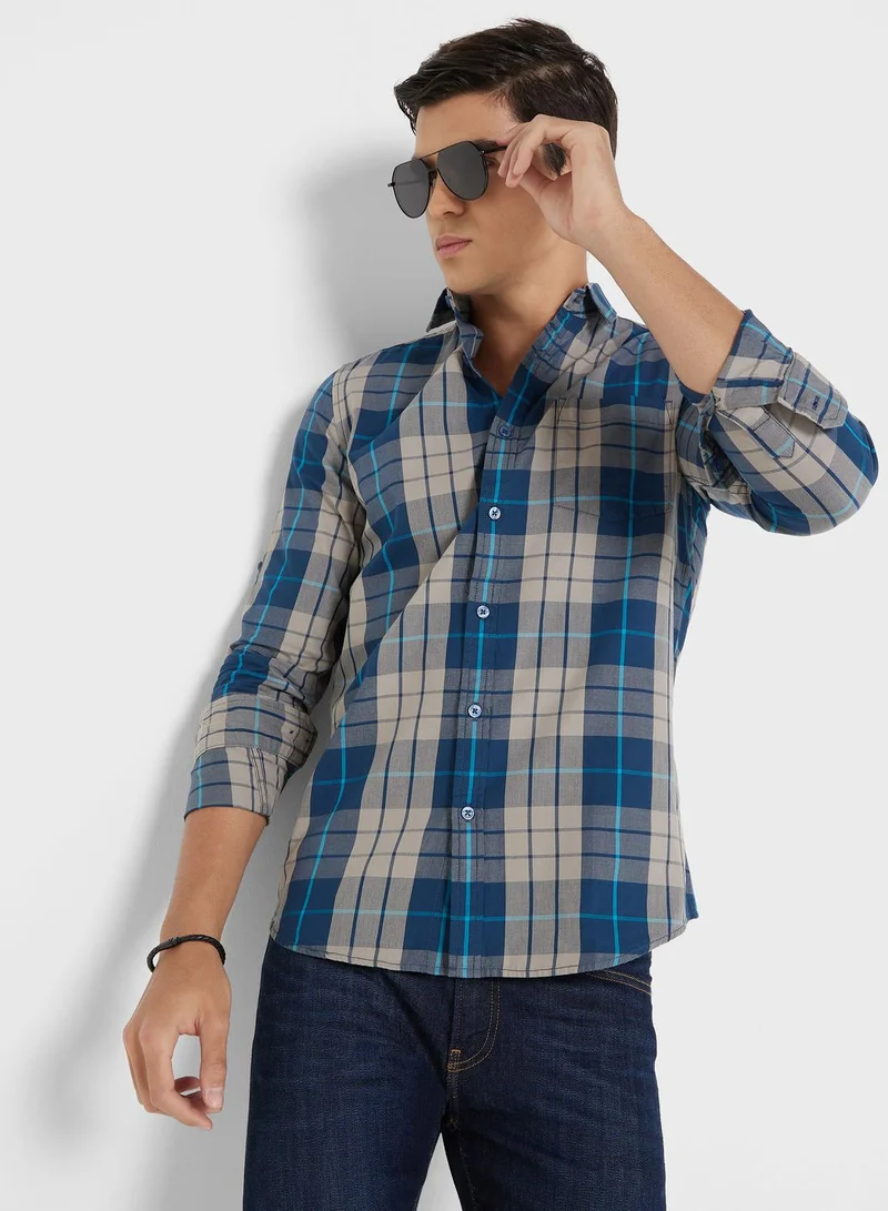 Seventy Five Men Teal Blue Grey Slim Fit Checked Sustainable Casual Pure Cotton Shirt
