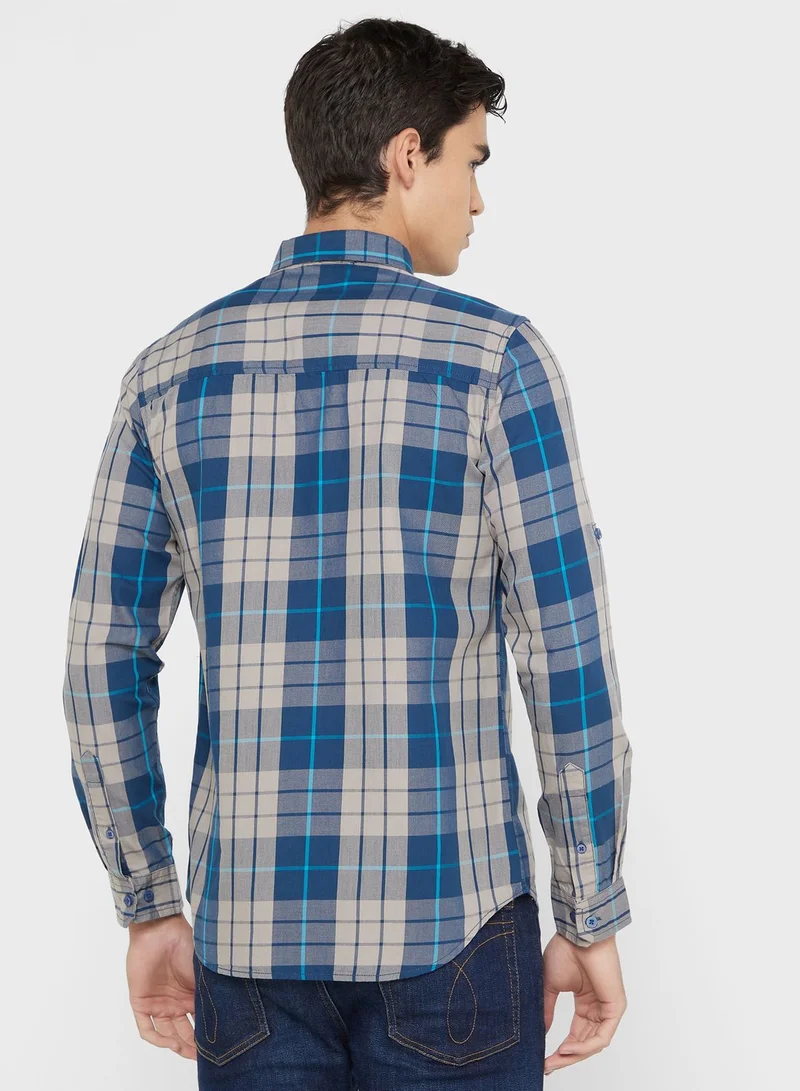 Seventy Five Men Teal Blue Grey Slim Fit Checked Sustainable Casual Pure Cotton Shirt