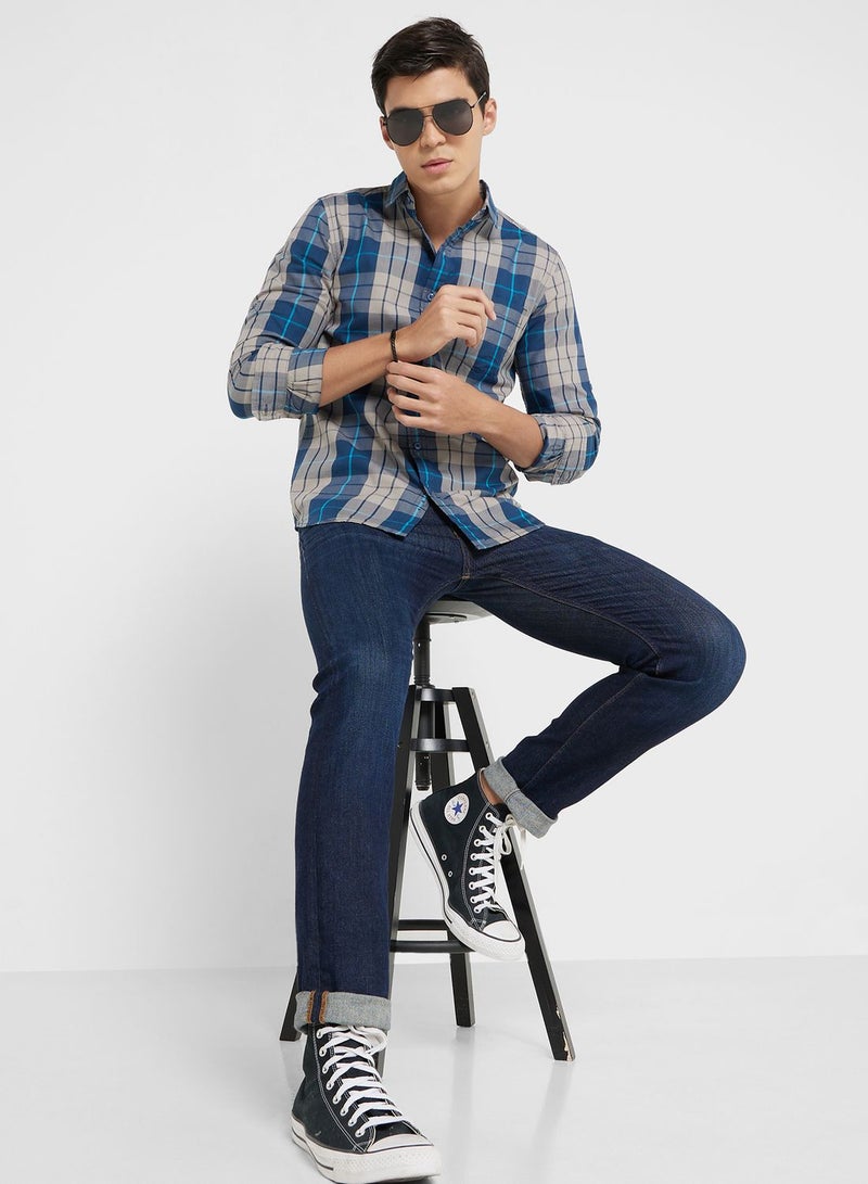 Seventy Five Men Teal Blue Grey Slim Fit Checked Sustainable Casual Pure Cotton Shirt - Image 4