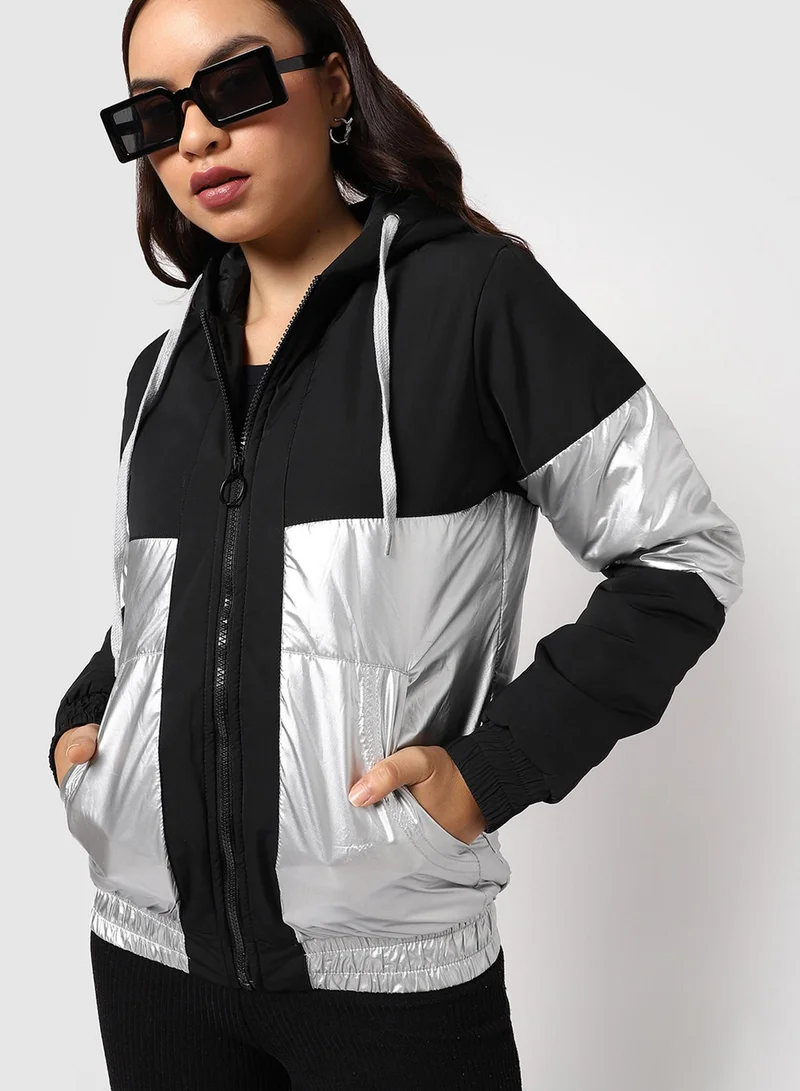Campus Sutra Women Jacket | Hooded Neck , Long Ribbed Cuff Sleeves , Zipper Closure, Straight Hem | Regular-Fit for Everyday Street & Casual | Onyx Black:Chalice Silver
