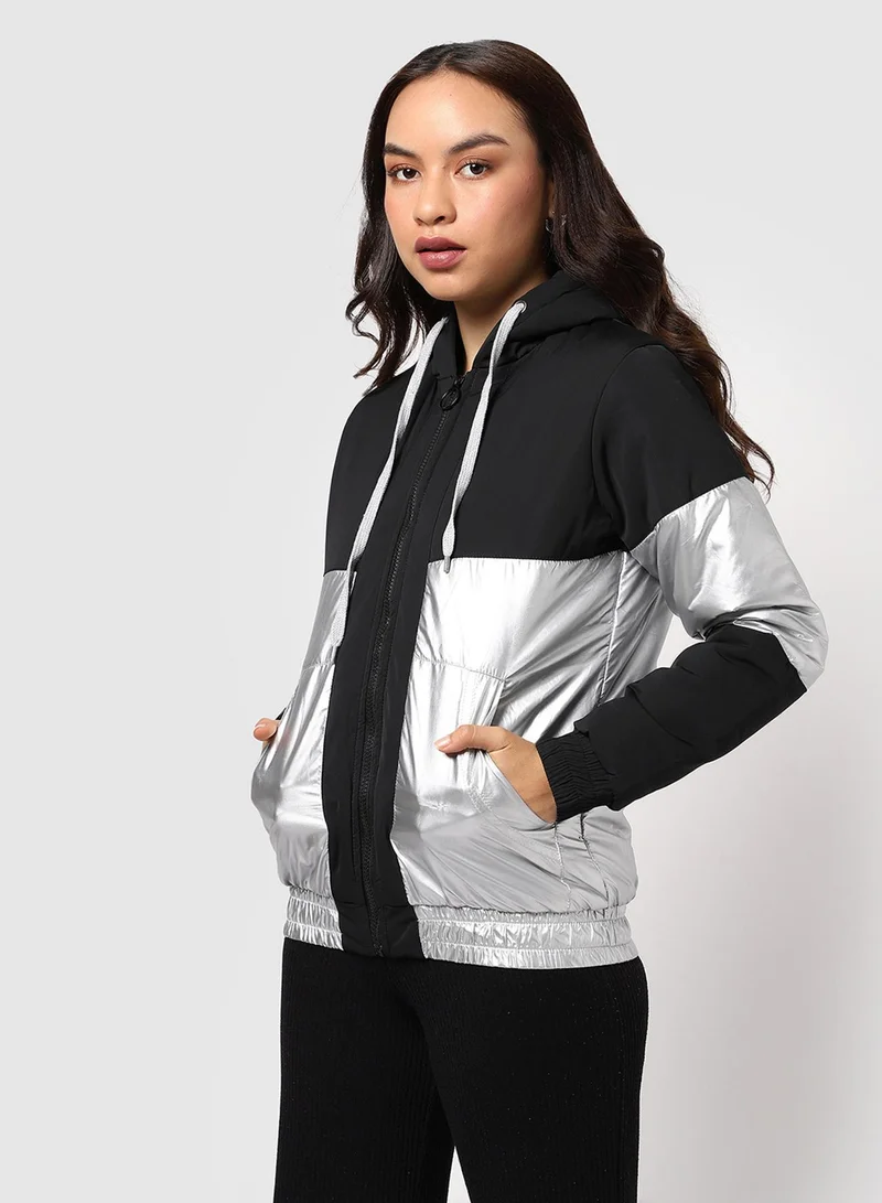 Campus Sutra Women Jacket | Hooded Neck , Long Ribbed Cuff Sleeves , Zipper Closure, Straight Hem | Regular-Fit for Everyday Street & Casual | Onyx Black:Chalice Silver