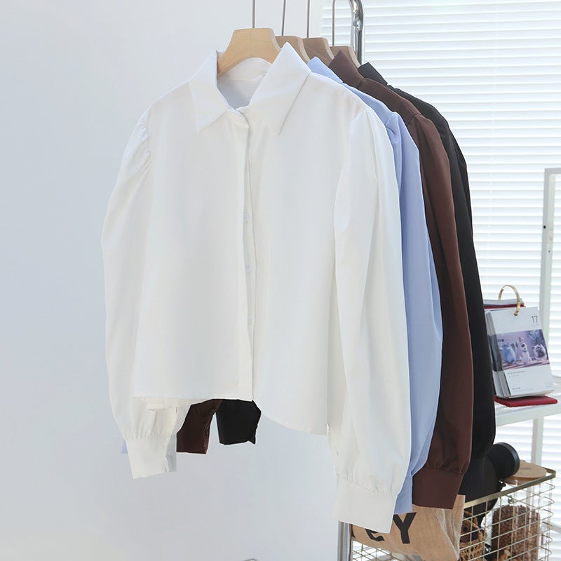 South Korea Dongdaemun 2024 Spring French Temperament Lar Loose Design Niche Puff Sleeve Shirt Womens Top brown - Image 2