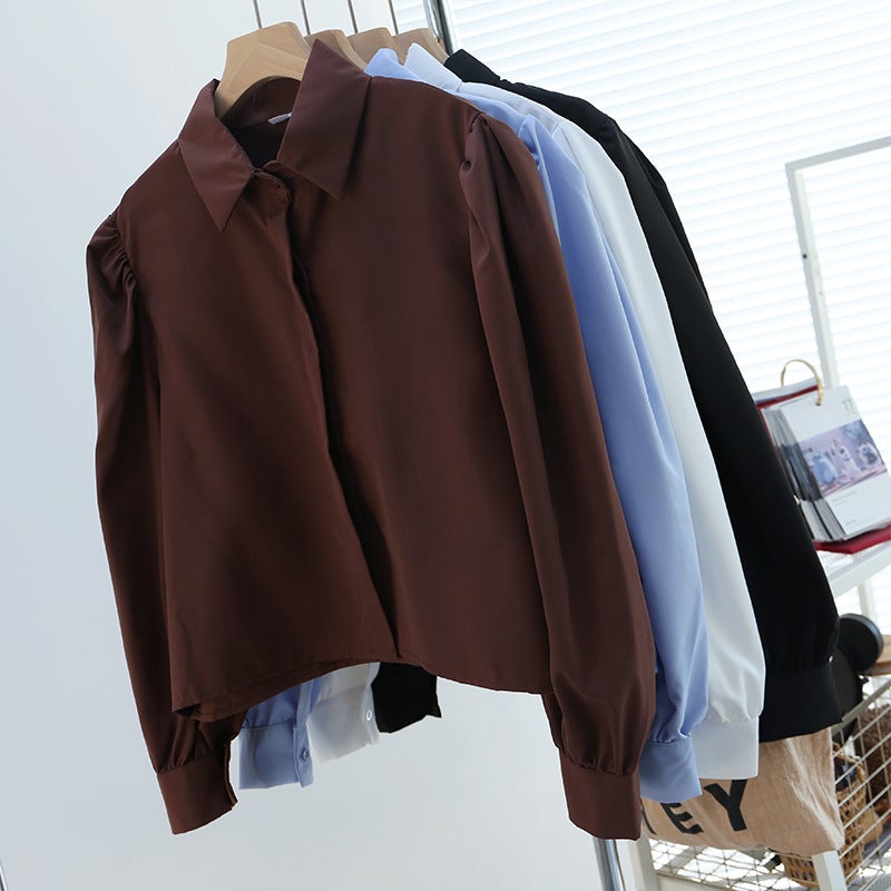 South Korea Dongdaemun 2024 Spring French Temperament Lar Loose Design Niche Puff Sleeve Shirt Womens Top brown - Image 4