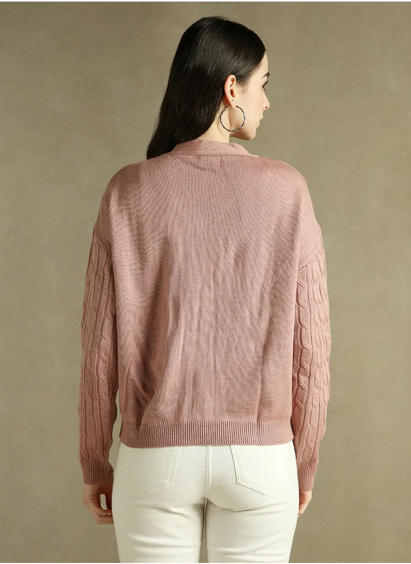 Dennis Lingo Women's Pink 100% Acrylic Solid Regular Fit Sweater