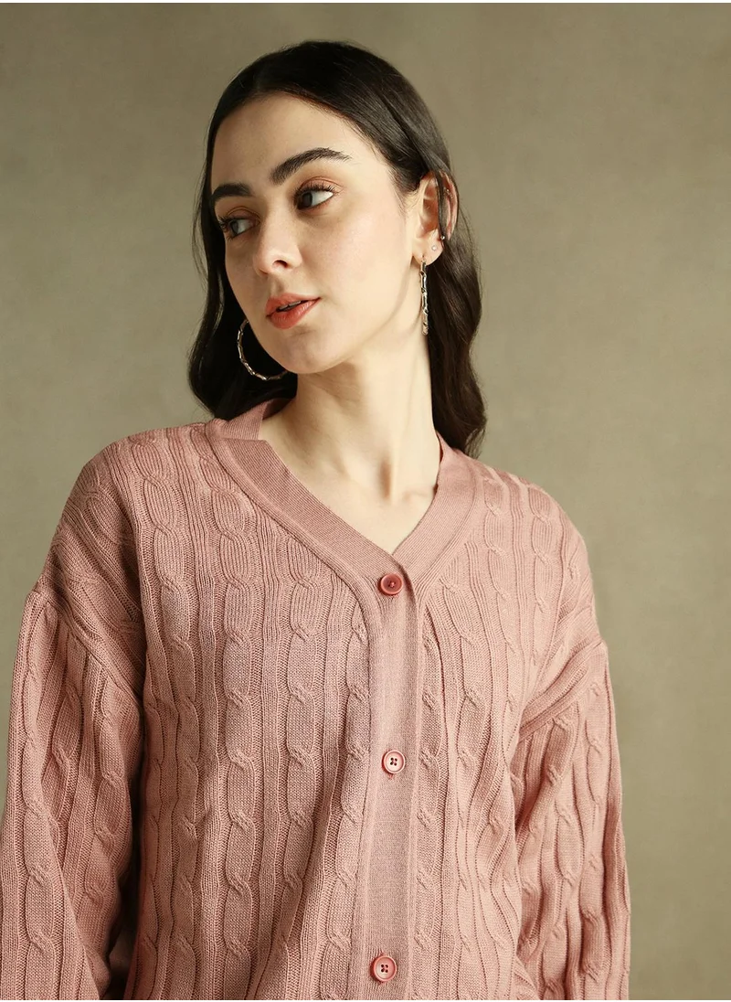 Dennis Lingo Women's Pink 100% Acrylic Solid Regular Fit Sweater