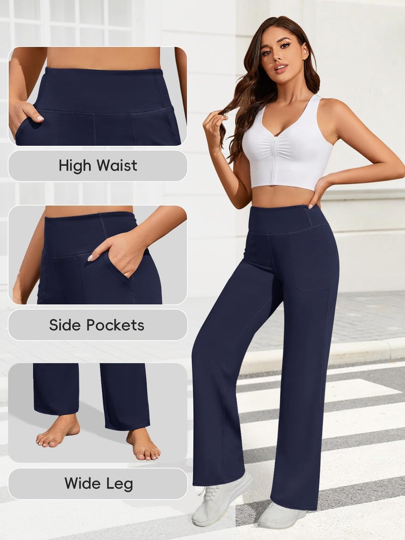 FireSwan Yoga Pants Women Wide Leg Pants High Waist Stretch Dress Loose Casual Lounge Sweatpants with Pockets Navy - Image 5
