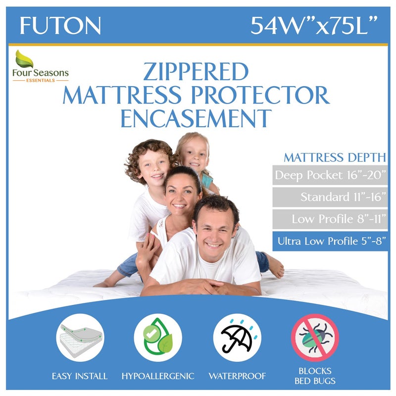 Four Seasons Essentials Futon Full (54"x 75") Waterproof Mattress Protector - Waterproof Zippered Encasement Premium Quality Bed Cover Protects Against Dust, Allergens White - Image 1