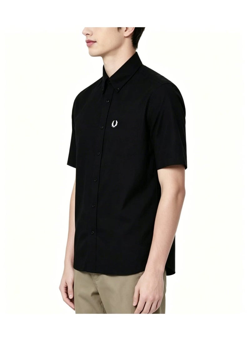 Fred Perry Loose Fit Button-Down Embroidered Casual Short Sleeve Shirt in Black - Image 2