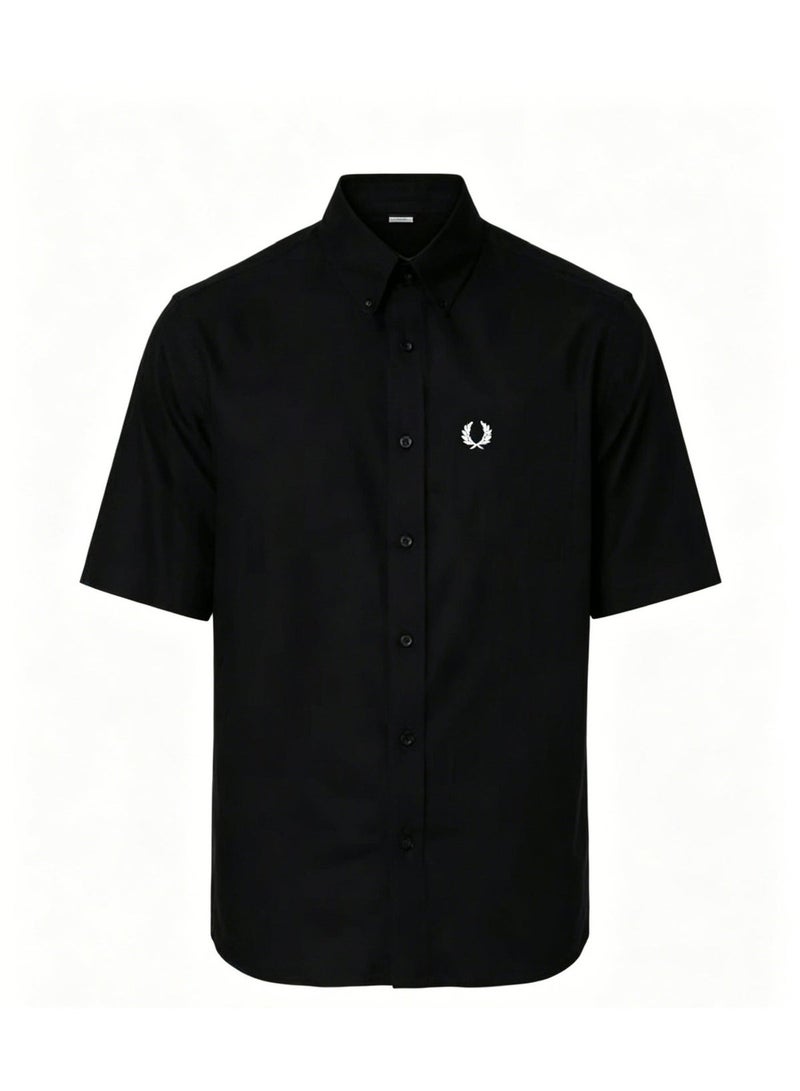Fred Perry Loose Fit Button-Down Embroidered Casual Short Sleeve Shirt in Black - Image 3