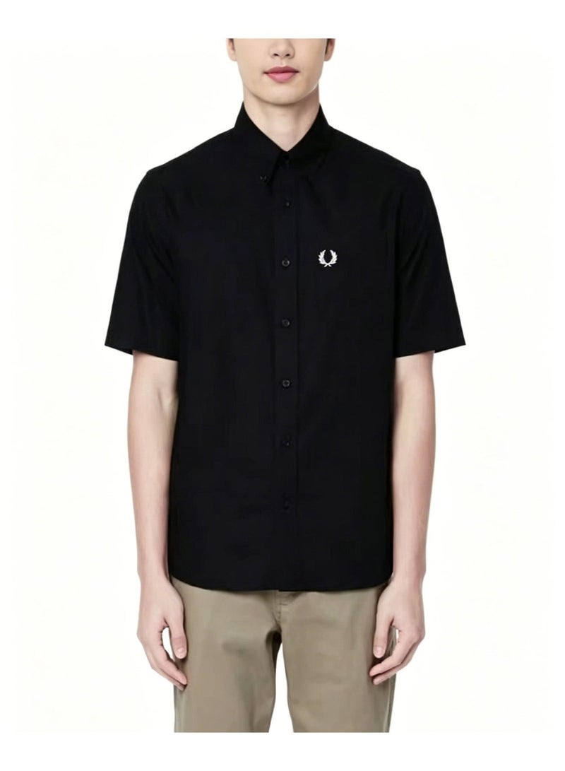 Fred Perry Loose Fit Button-Down Embroidered Casual Short Sleeve Shirt in Black - Image 1
