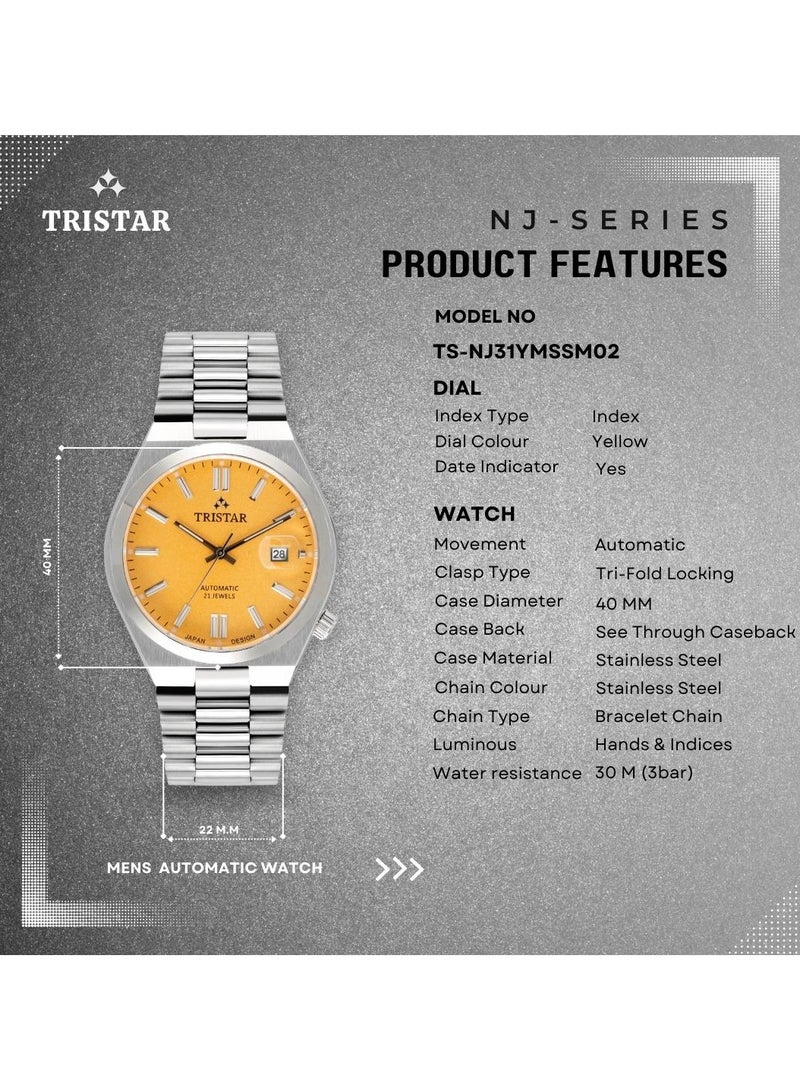 تريستار Tristar NJ سلسلة الرجال التلقائي ووتش الأصفر مؤشر الطلب الفولاذ المقاوم للصدأ سوار المعصم ووتش للرجال - Image 4