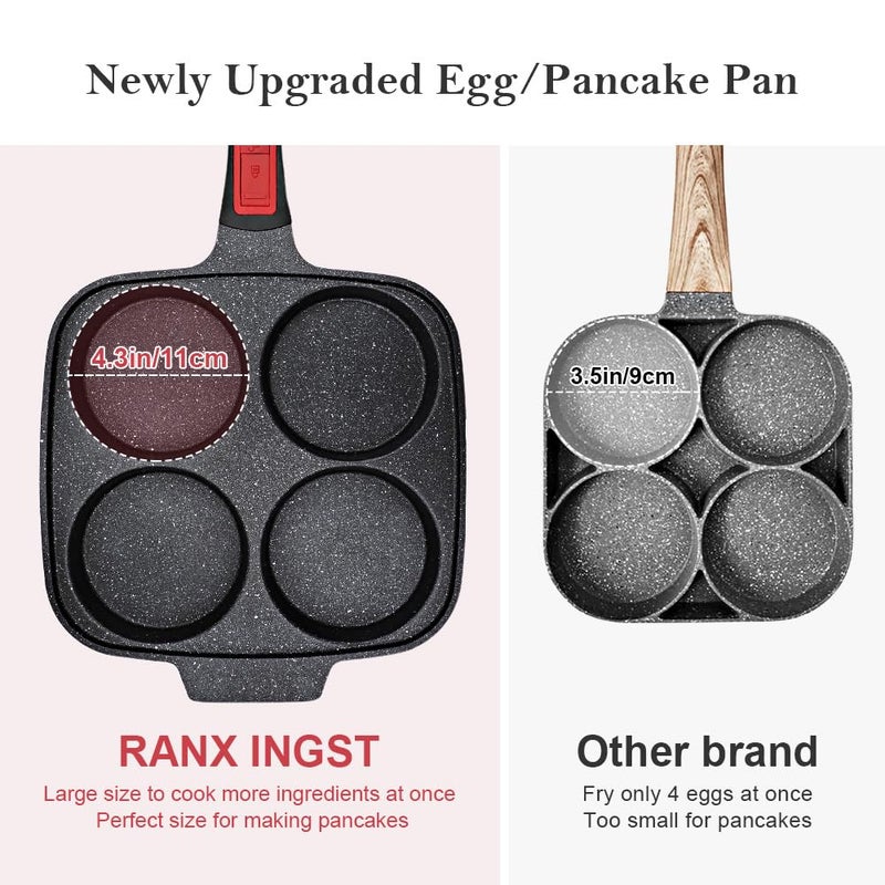 RANX INGST 10 inch Large Egg Pan with Lid, 4-Cup Pancake Pan Nonstick Omelette Skillet with Detachable Handle Induction Compatible - Black - Image 3
