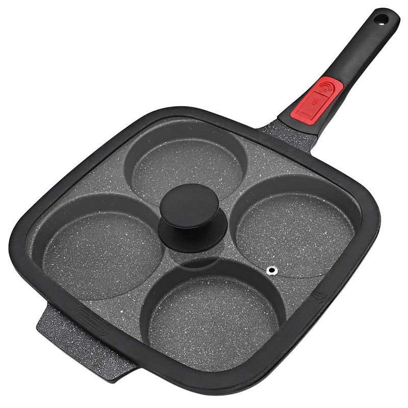RANX INGST 10 inch Large Egg Pan with Lid, 4-Cup Pancake Pan Nonstick Omelette Skillet with Detachable Handle Induction Compatible - Black - Image 1