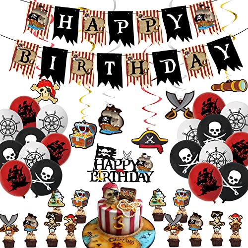 Jcoos Pirate Party Decorations  Pirate Birthday Banner Balloons Cake Toppers  Hanging Swirls for Men Boys  Kids - Image 1