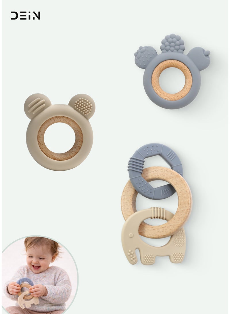 DEIN 3-Piece Premium Baby Teether Set - Food-Grade Silicone & Natural Beechwood Teething Toys for Babies 0-18 Months, BPA-Free Sensory Grip Toys - Image 1