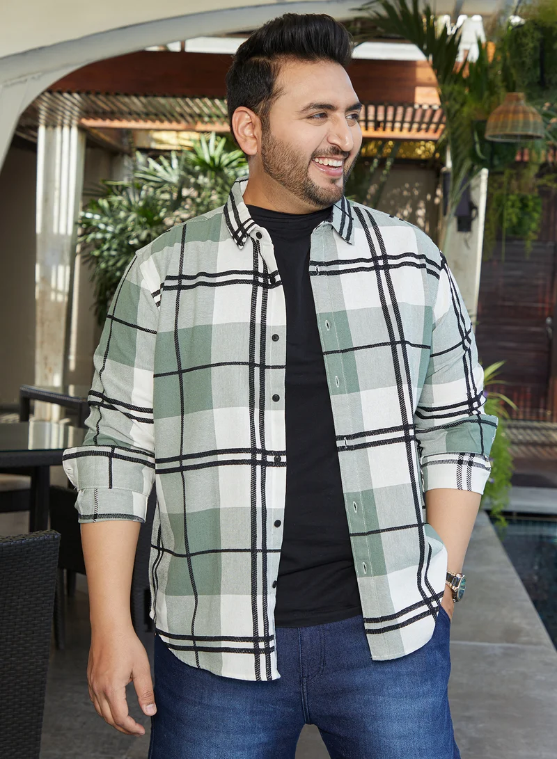 انستافاب بلس قميص رجالي أخضر مريمي كاروهات بياقة عادية وأكمام طويلة بأزرار مقاس كبير