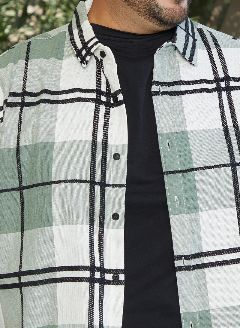 Instafab Plus  Men's Sage Green Overlap Buffalo Shirt For Casual Wear | Spread Collar | Long Cuffed Sleeves | Button Closure | Plus Size Shirt Crafted With Comfort Fit For Everyday Wear for Men | Best Price UAE