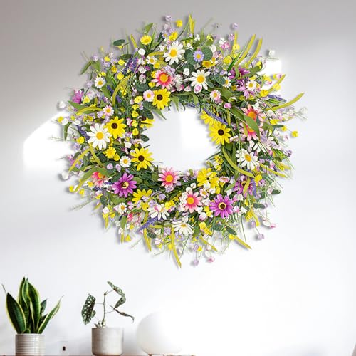 Yawwind 24 Inches Spring Wreaths for Front Door Spring Flower Wreaths Summer Door Wreath Colorful Wildflower Wreath with Daisy Lavender for Window Indoors Outdoor Decor - Image 5