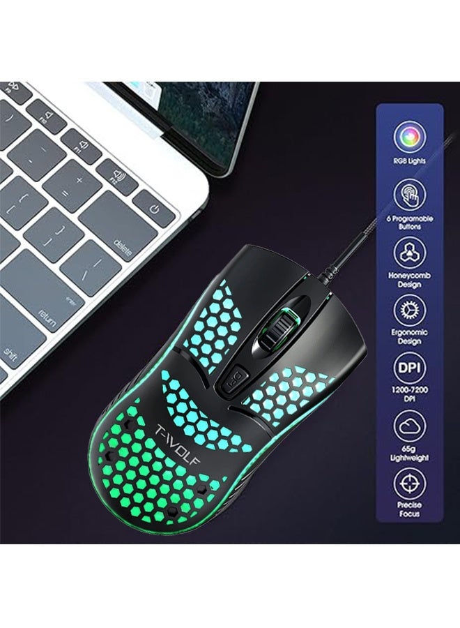 T-WOLF Wired Gaming Mouse, Computer Mouse Ergonomic Mouse Cellular Design, Ergonomic and Lightweight USB Computer Mouse for Windows PC and Laptop Gamers(Black) - Image 3