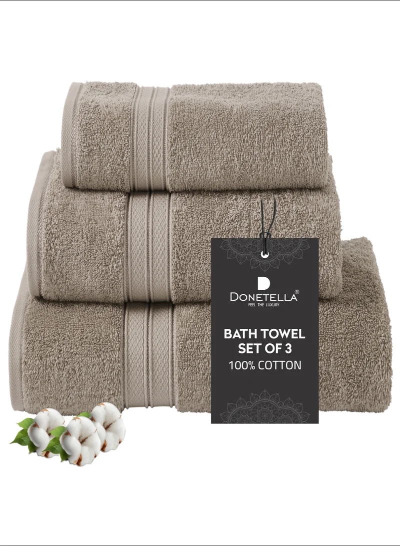 Donetella Premium Towel 3-Pcs Set, 100% Combed Cotton 600 GSM, Highly Absorbent, Quick Dry Towel Set Include 1 Bath Towel, 1 Bath Sheet, 1 Hand Towel, Best Set for Bathroom Gym, Hotel And Spa,Dark Beige
