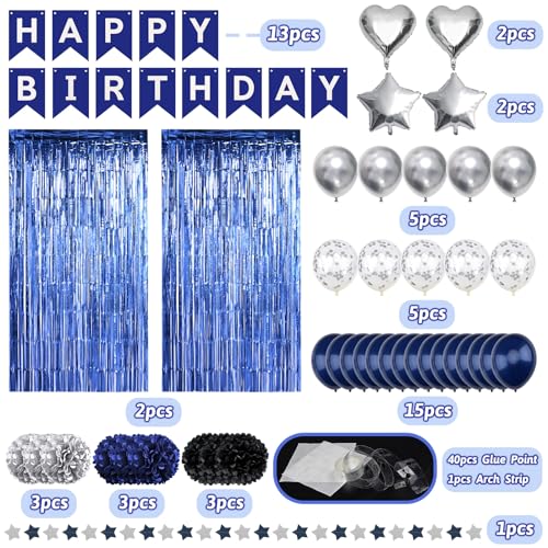 ZERODECO Birthday Party Decorations for Men Black Navy Blue Silver Happy Birthday Banner Pompoms Balloon Arch Fringe Curtain Party Dcor for Men Boys Women Girls Party Decorations Kit - Image 5