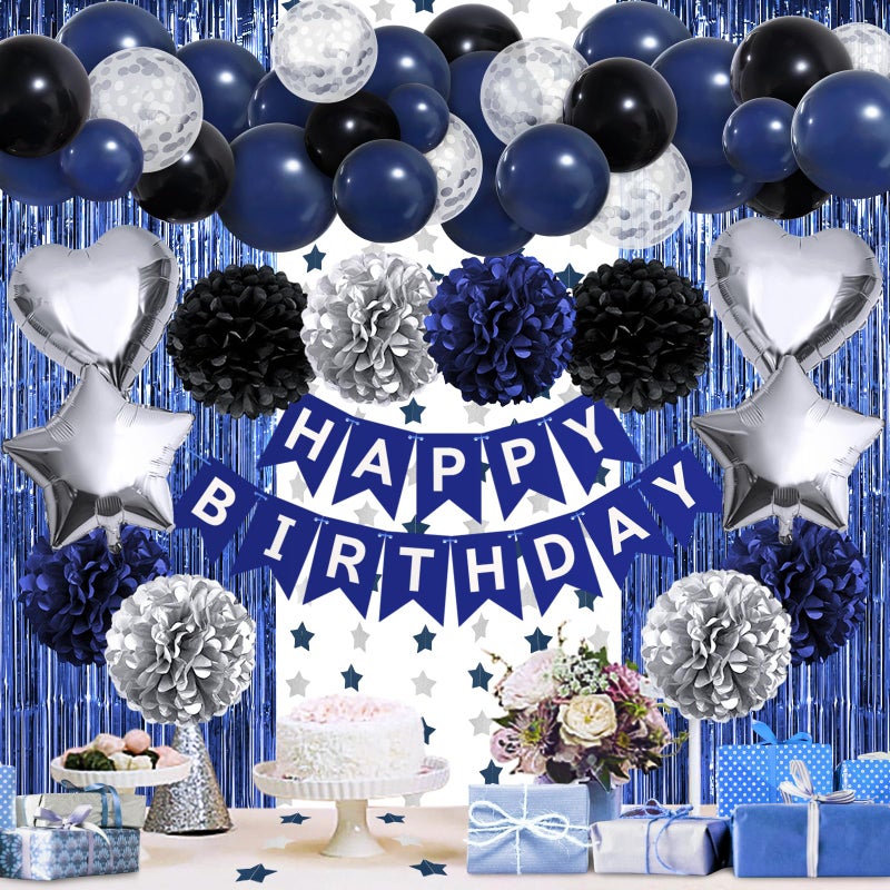 ZERODECO Birthday Party Decorations for Men Black Navy Blue Silver Happy Birthday Banner Pompoms Balloon Arch Fringe Curtain Party Dcor for Men Boys Women Girls Party Decorations Kit - Image 3