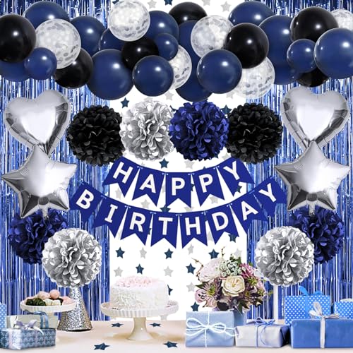 ZERODECO Birthday Party Decorations for Men Black Navy Blue Silver Happy Birthday Banner Pompoms Balloon Arch Fringe Curtain Party Dcor for Men Boys Women Girls Party Decorations Kit - Image 1