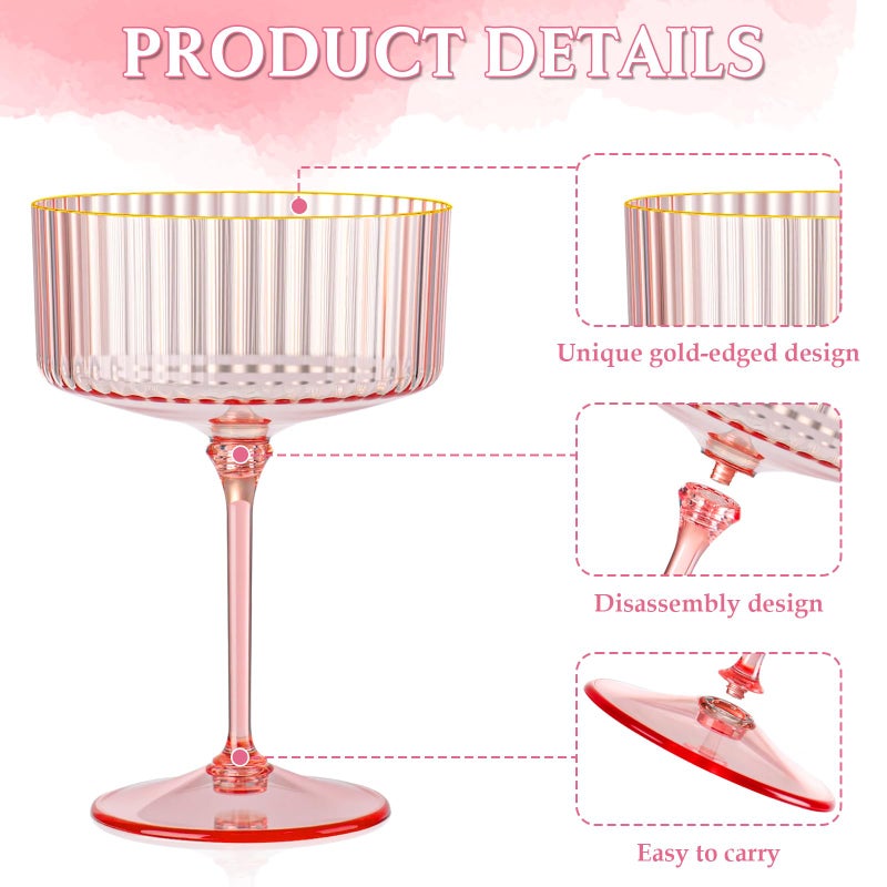 HKSZEH 12 PCS Ribbed Coupe Glasses Pink Plastic Champagne Coupe Cup 10oz Detachable Gold Rim Espresso Martini Glass Vintage Margarita Glassware Cocktail Glass for Wedding Bachelorette Party - Image 3