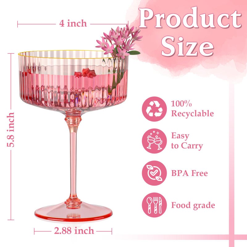 HKSZEH 12 PCS Ribbed Coupe Glasses Pink Plastic Champagne Coupe Cup 10oz Detachable Gold Rim Espresso Martini Glass Vintage Margarita Glassware Cocktail Glass for Wedding Bachelorette Party - Image 2