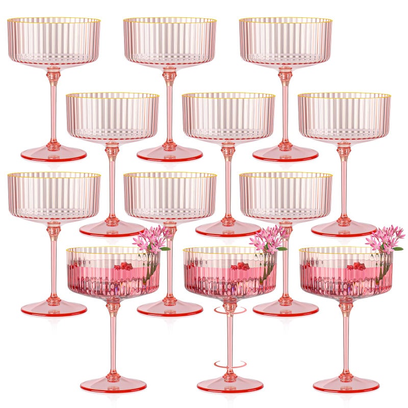 HKSZEH 12 PCS Ribbed Coupe Glasses Pink Plastic Champagne Coupe Cup 10oz Detachable Gold Rim Espresso Martini Glass Vintage Margarita Glassware Cocktail Glass for Wedding Bachelorette Party - Image 1