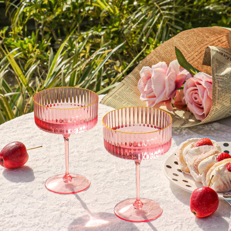 HKSZEH 12 PCS Ribbed Coupe Glasses Pink Plastic Champagne Coupe Cup 10oz Detachable Gold Rim Espresso Martini Glass Vintage Margarita Glassware Cocktail Glass for Wedding Bachelorette Party - Image 4