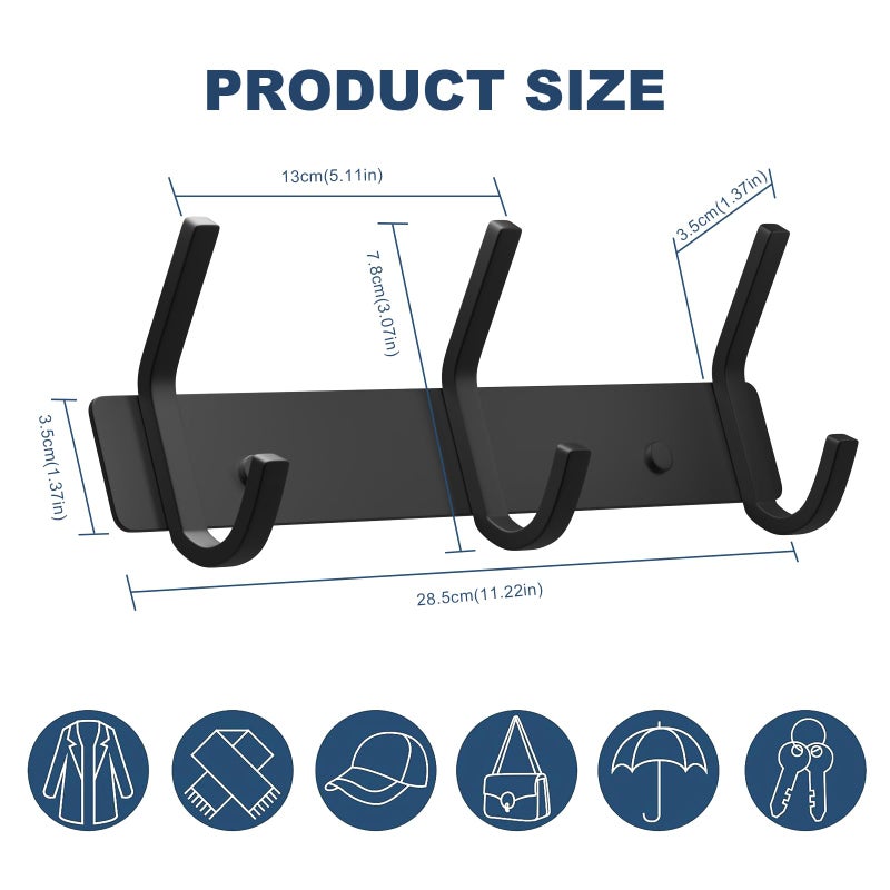 VAEHOLD Coat Hooks Wall Hook for Hanging Clothes Robes Towels Hats Heavy Duty Coat Hanger Coat Rack Wall Mount with 3 Hooks - Black - Image 3